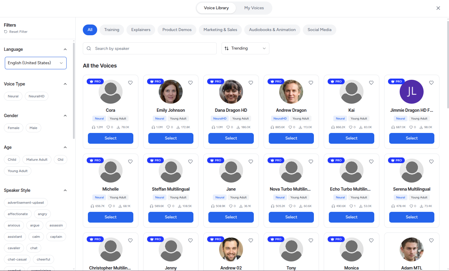 Voiceup voice gallery — browse 1,000+ accents and 600+ voices across 150+ languages