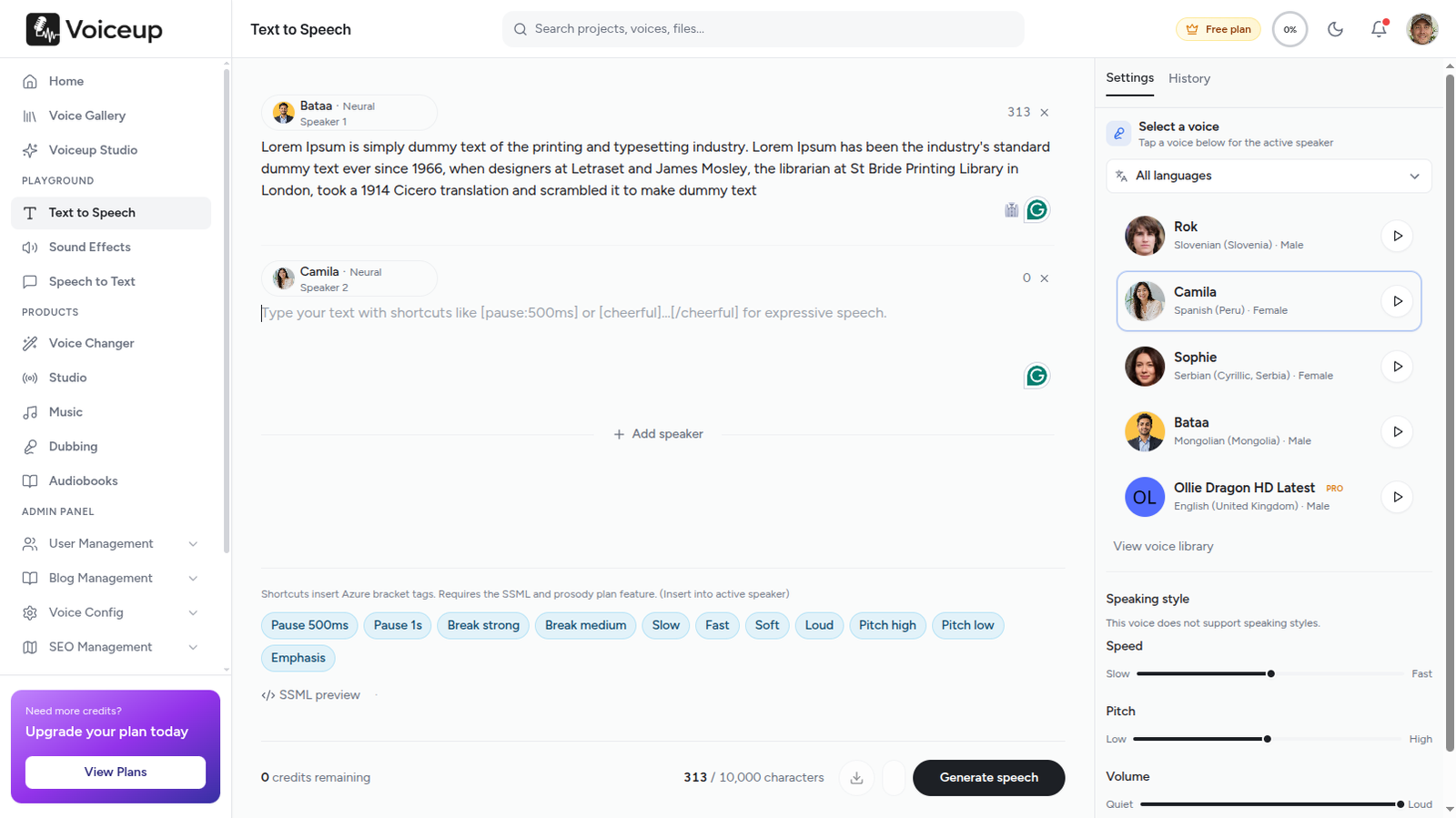 Voiceup text-to-speech engine — assign voices per character and export animation-ready MP3s